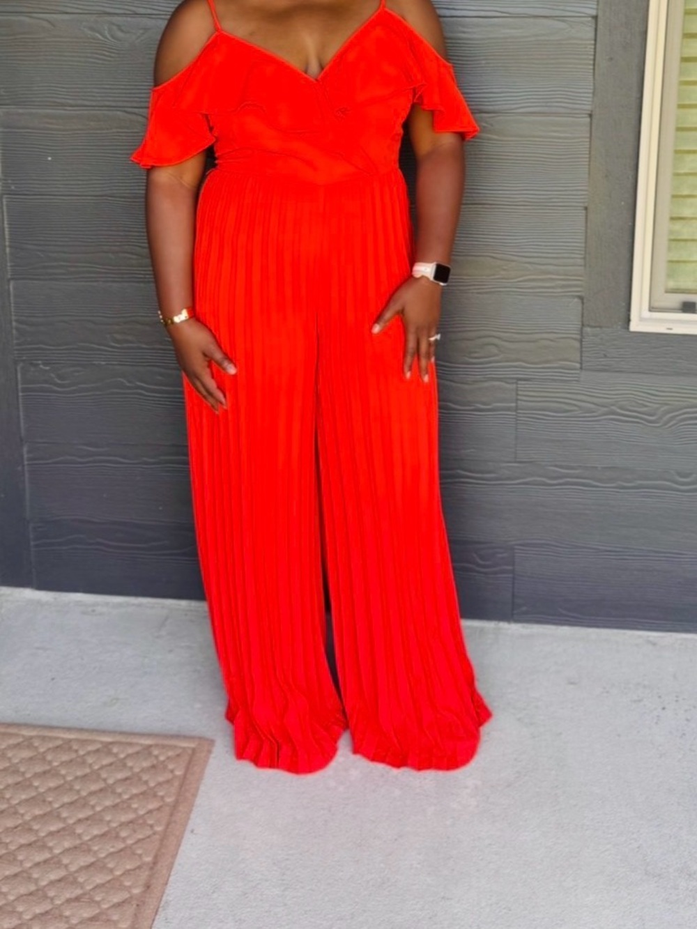 Fashion Nova Cold-Shoulder Pleated Wide-Leg Jumpsuit in Red